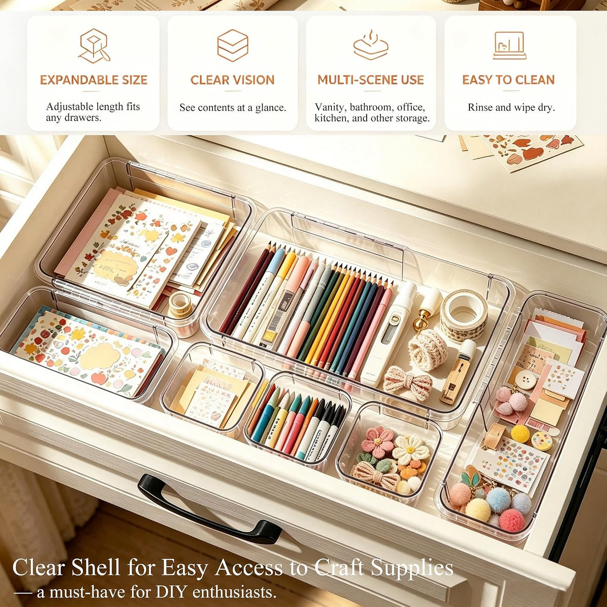 15Pcs Clear Expandable Drawer Organizer Bins for Vanity Desk Bathroom