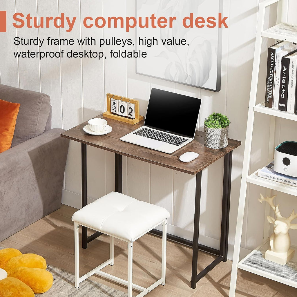VECELO Folding Desk 31.5 Inch Writing Desk Home Office Sturdy Steel Laptop Table for Home Office Work Classic Brown