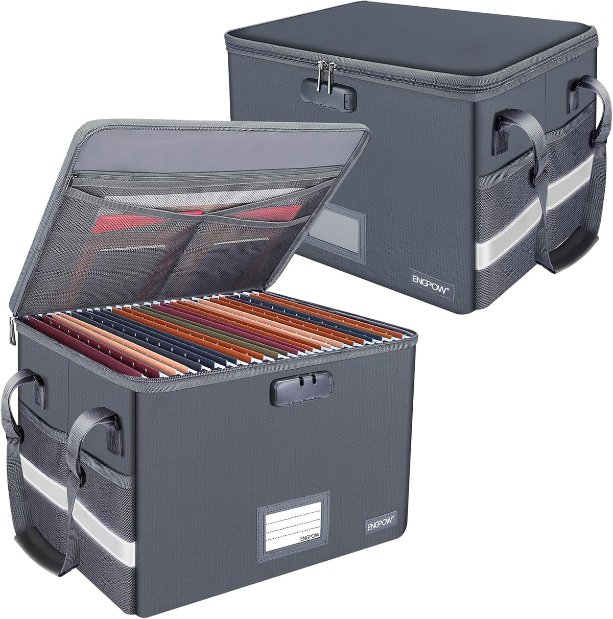 ENGPOW File Box with Lock, Fireproof Document Box with Pockets, Collapsible