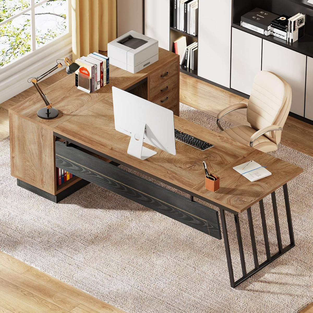 Tribesigns 71” Executive Desk, L-Shaped Desk with Cabinet, Oak and Black
