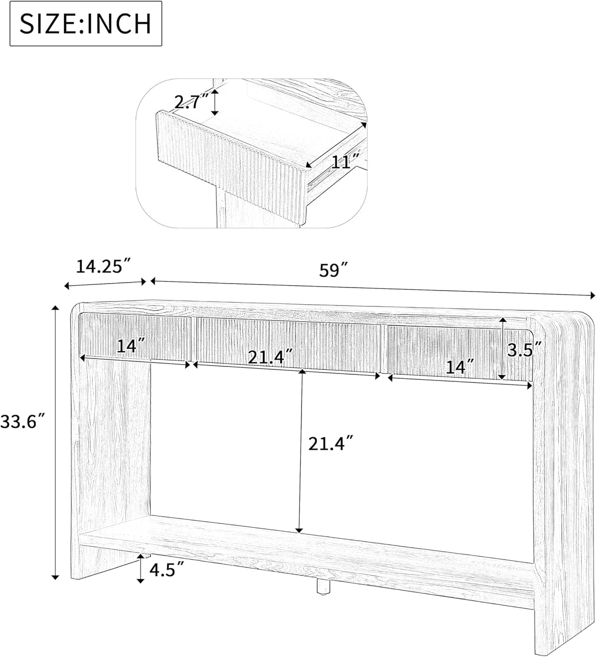 Knocbel Console Table with 3 Drawers and Vertical Slats, Modern Sofa Tables w...