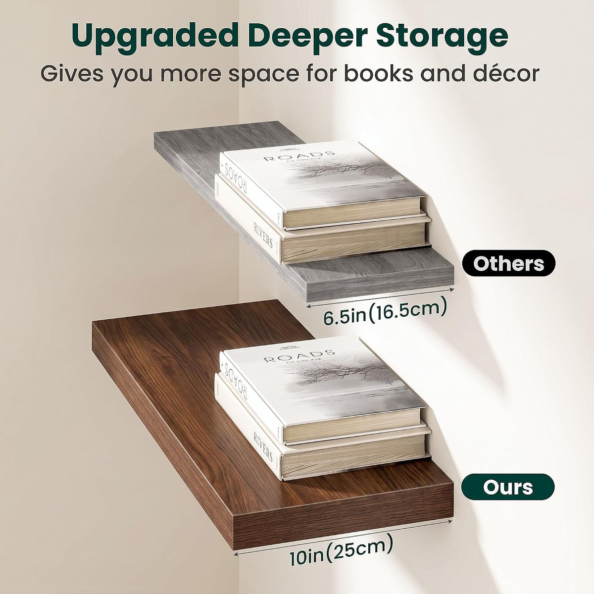 10 Inch Deep Floating Shelves for Wall, 30 Inch, Walnut, Set of 2
