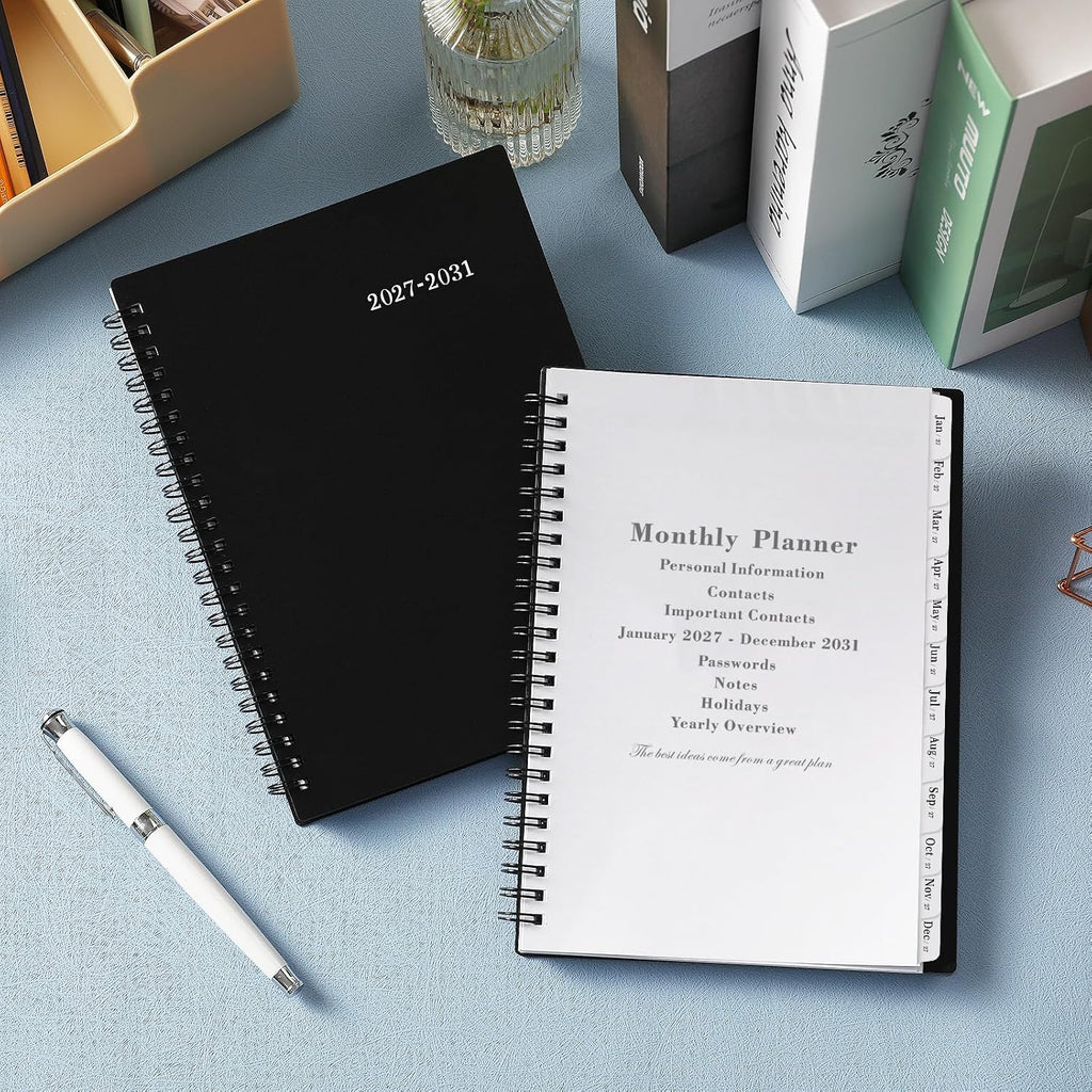 2027-2031 Monthly Planner/Calendar - Jan. 2027 - Dec. 2031, 6.2" x 8.3" | Monthly Planner, 5 Year, Multi Year Calendar 2027-2031 with Twin-Wire Binding, Tabs, Storage Pocket - Black