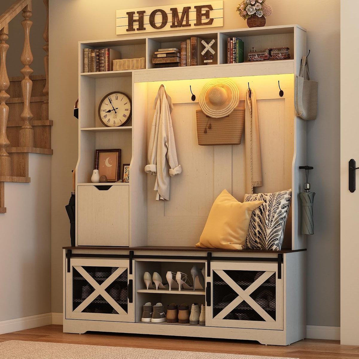 75''H 59''W Large LED Farmhouse Hall Tree with Bench and Shoe...