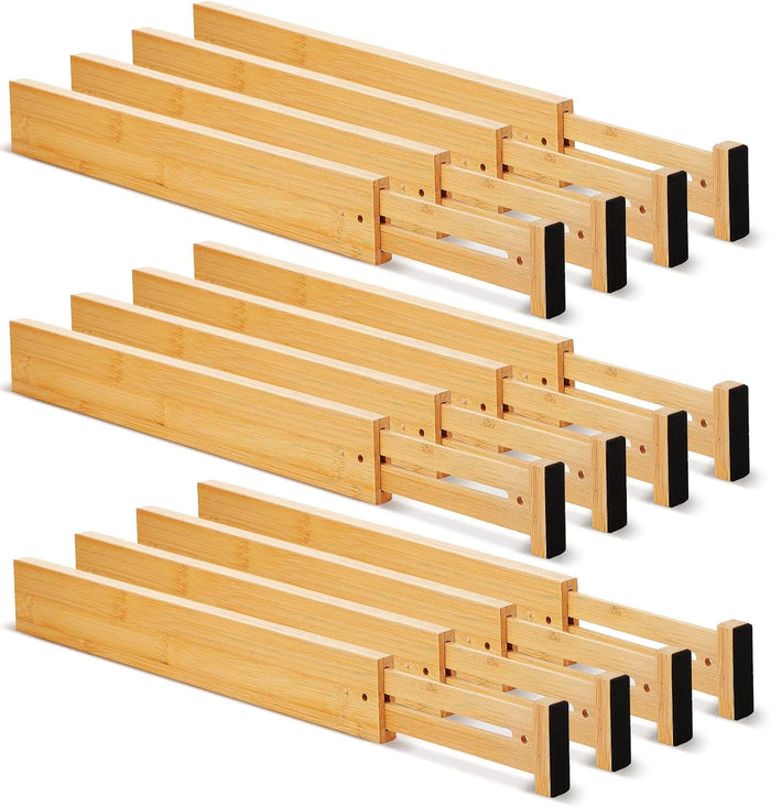 Sawysine 12 Pcs Bamboo Drawer Dividers Adjustable Drawer Organizers Spring Separators Organization Expandable Organizers for Kitchen Bedroom Bathroom Dresser Office (Natural Color,22 x 2.4 Inche)