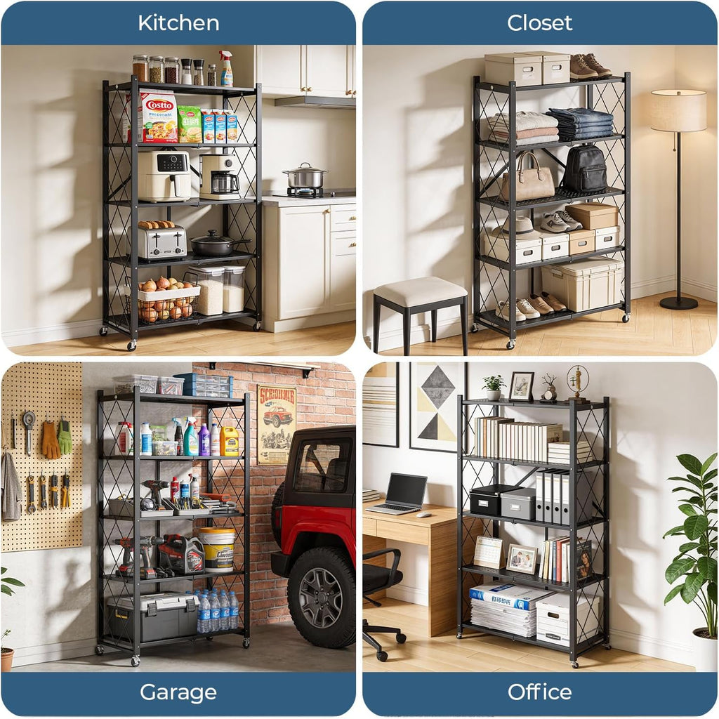 5-tier folding metal storage rack - 63" heavy-duty, front angle view
