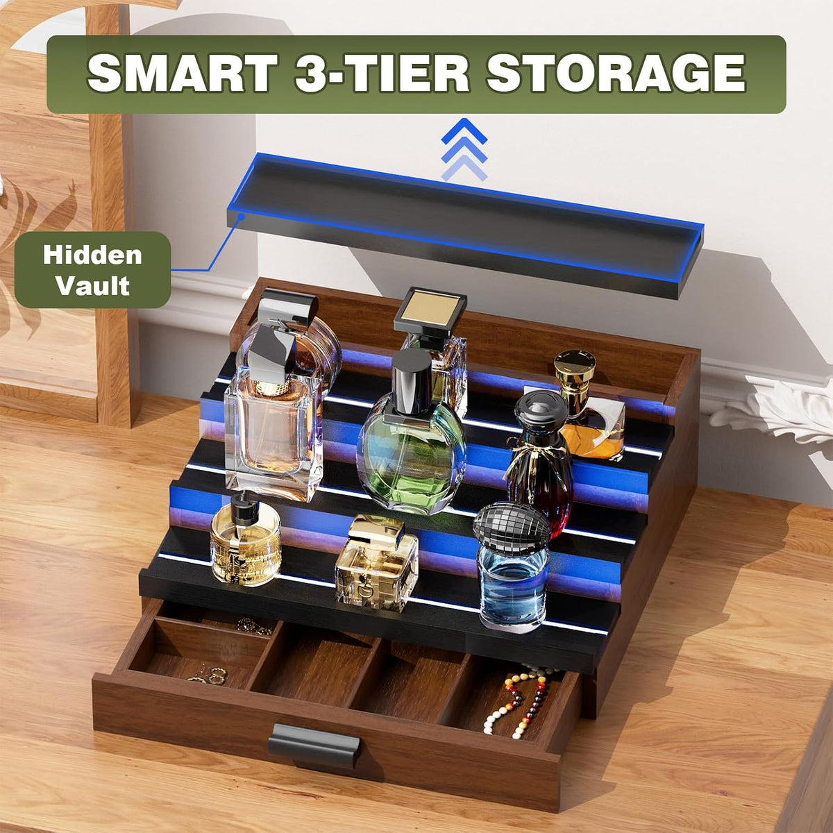 Perfume Cologne Organizer for Men: with LED Light 4 Tier Wooden Perfumes Stan...