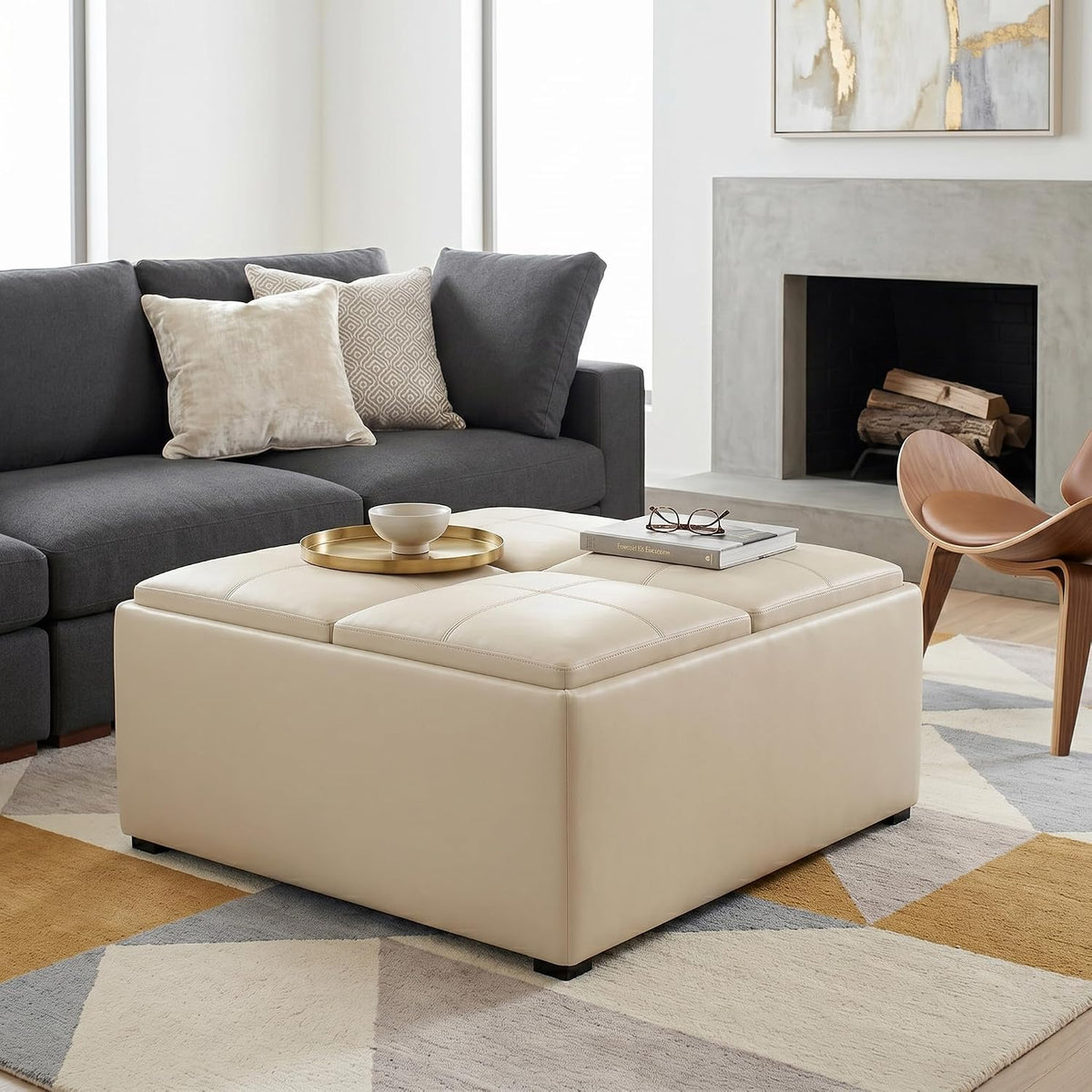 SIMPLIHOME Avalon 35" Wide Vegan Leather Square Storage Ottoman in Cream