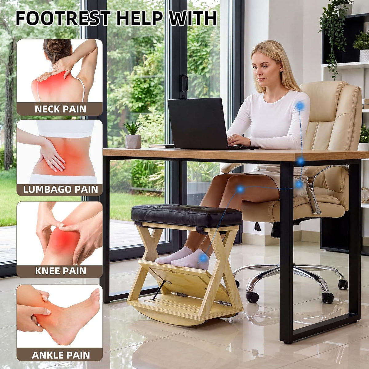 Under Desk Adjustable Footrest, Wood Rocking Footrest, Non-Slip