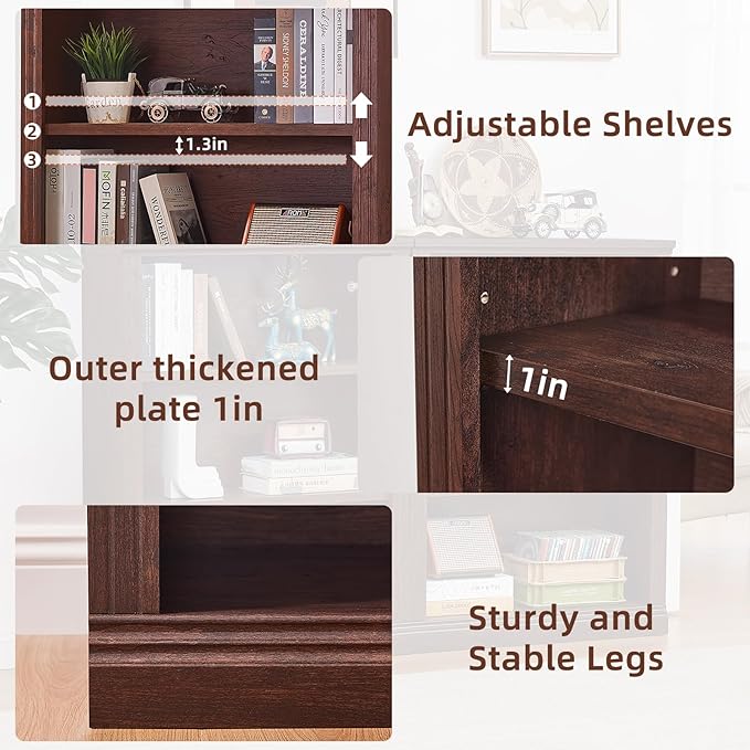 RWYHG 43" Walnut Tall Bookshelf Set of 3, 3-Tier Thick Wooden Book Shelf - Image 5