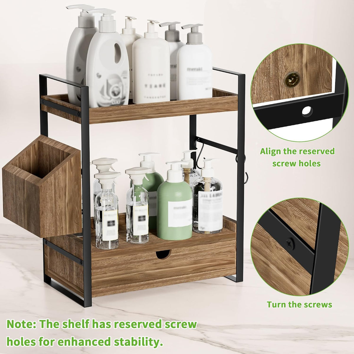 2-Tier Bathroom Counter Organizer, Wooden Vanity Shelf with Drawer & Basket