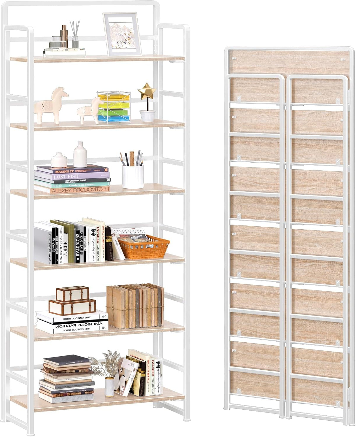 4NM No Assembly 6 Tiers Folding Bookshelf Storage Shelves Vintage Bookcase