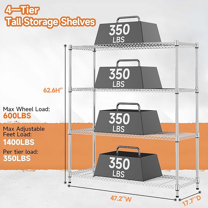 M MZG 4 Tiers Storage Shelves Load 1400LBS, Metal Shelving Wire Metal Shelving - Image 3