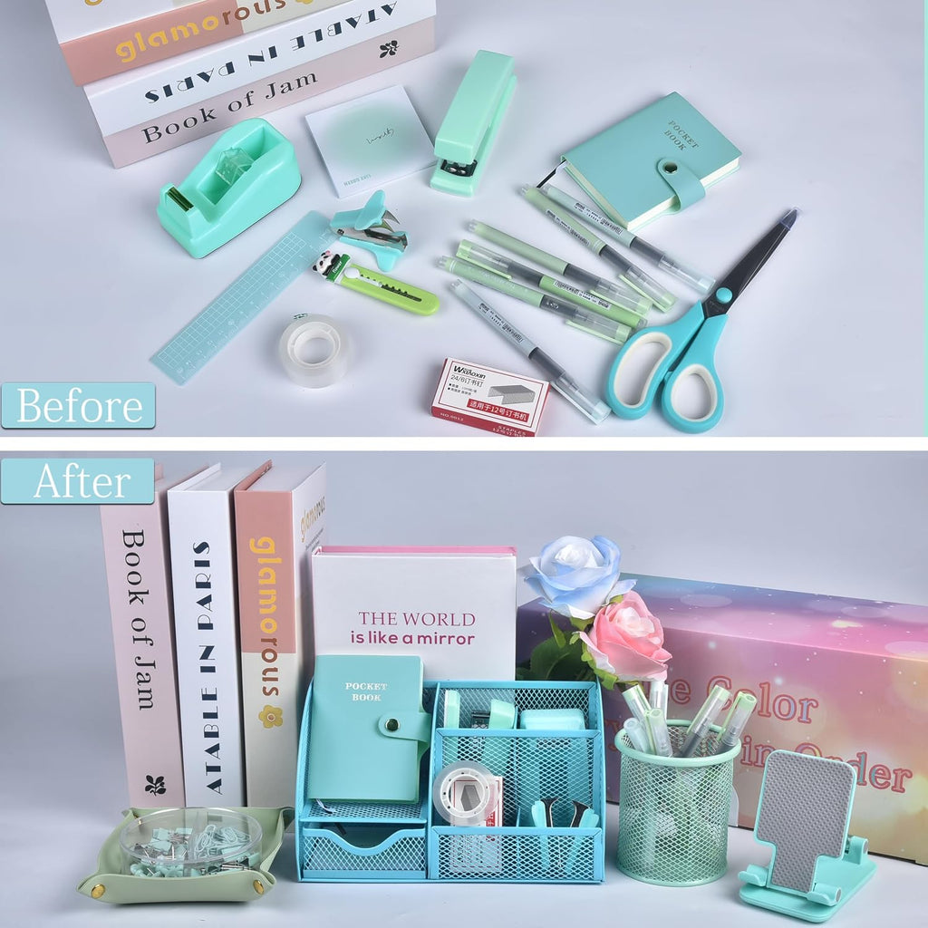 Green and Blue Desk Accessories, 26Pcs Office Supplies and Desk Organizers, with Tape Dispenser, Stapler, Staple Remover, Ect, Gift Box Packaging