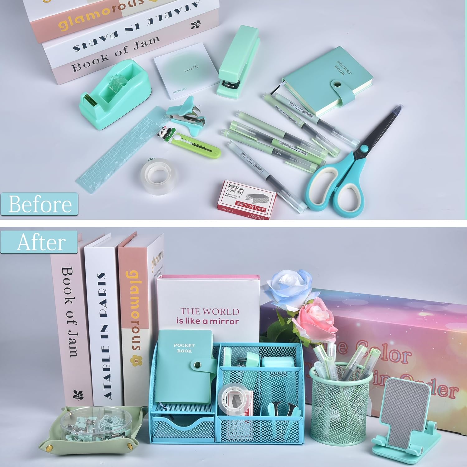 Green and Blue Desk Accessories, 26Pcs Office Supplies and Desk Organizers, with Tape Dispenser, Stapler, Staple Remover, Ect, Gift Box Packaging