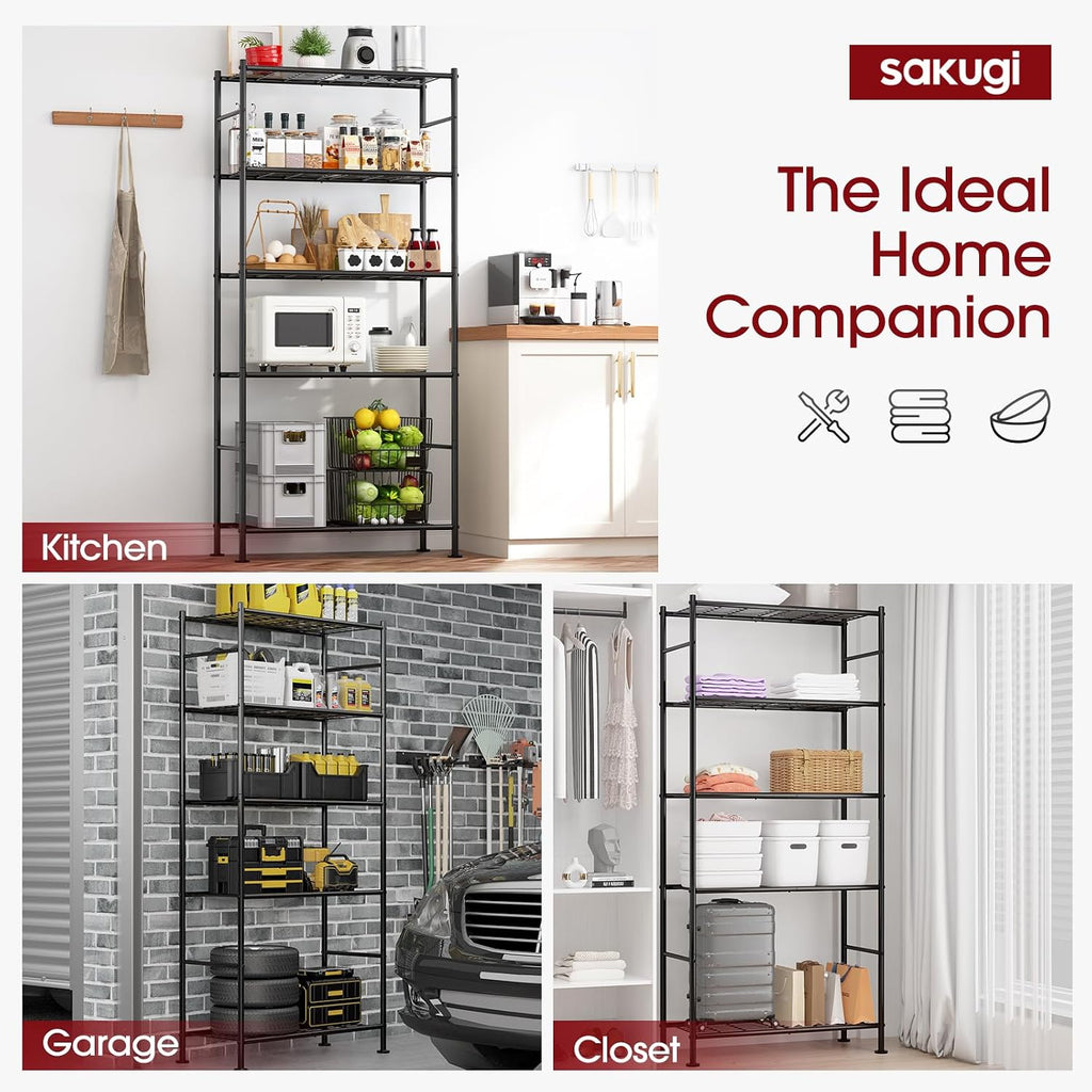 sakugi 2-pack 5-tier steel garage storage shelves, 33.5"x12.6"x72" on a desk or shelf