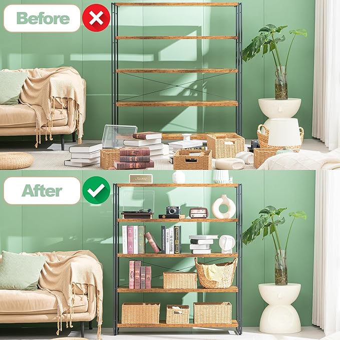 HCHQHS Bookshelf, 5-Tier Industrial Bookcase, Rustic Open Book Shelf, - Image 4