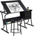 Topeakmart Height Adjustable Drafting Table Art Craft Desk Work Station Hobby Design Studio Tiltable Tabletop Drawing Desk with Stool & Storage Drawers