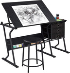 Topeakmart Height Adjustable Drafting Table Art Craft Desk Work Station Hobby Design Studio Tiltable Tabletop Drawing Desk with Stool & Storage Drawers