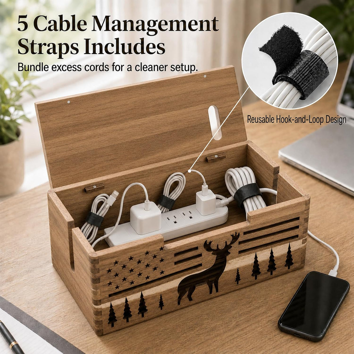 Acacia Wood Cable Management Box,Cord Hider & Organizer for Power Strip