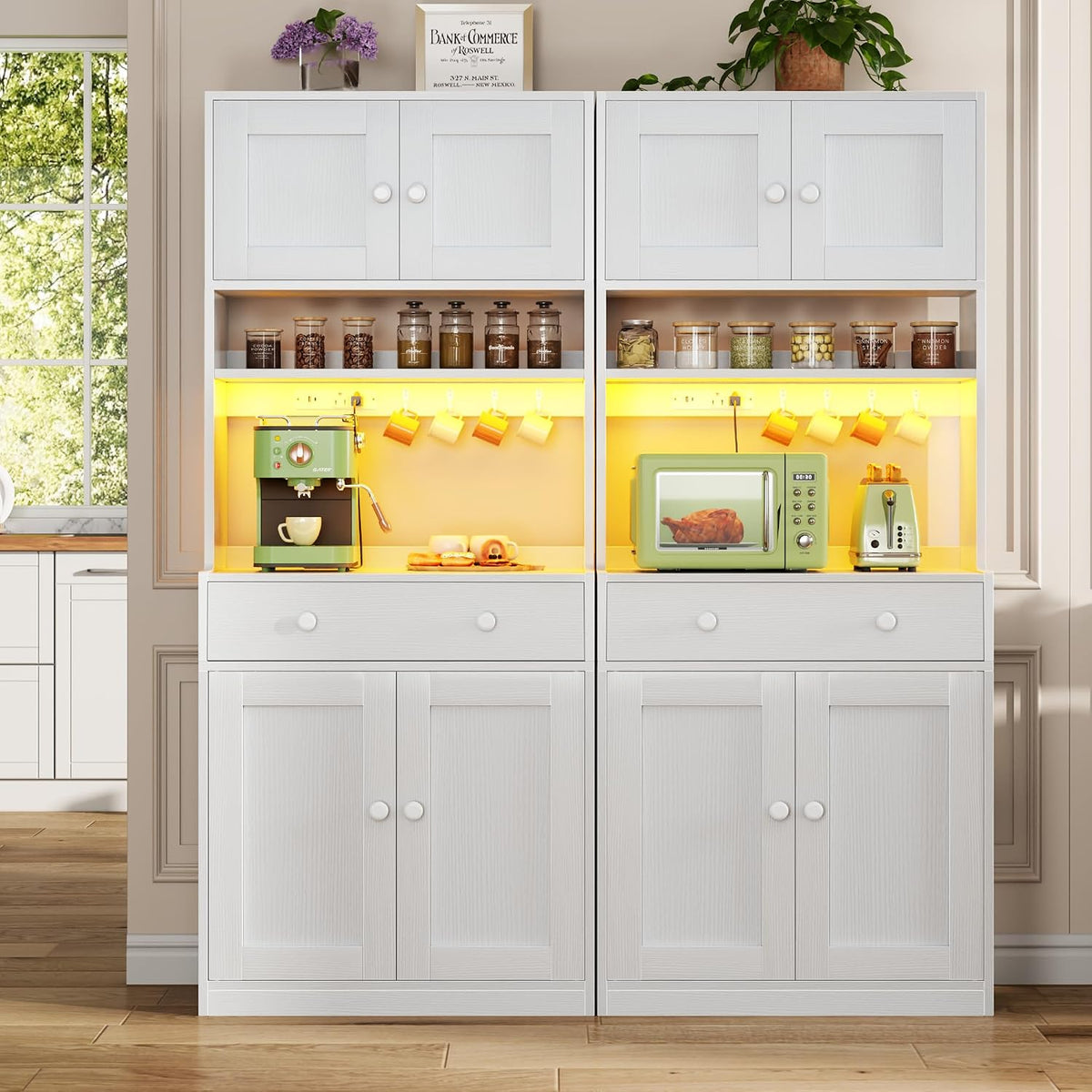 71" Tall Kitchen Pantry Cabinet with Microwave Countertop, LED Lights White
