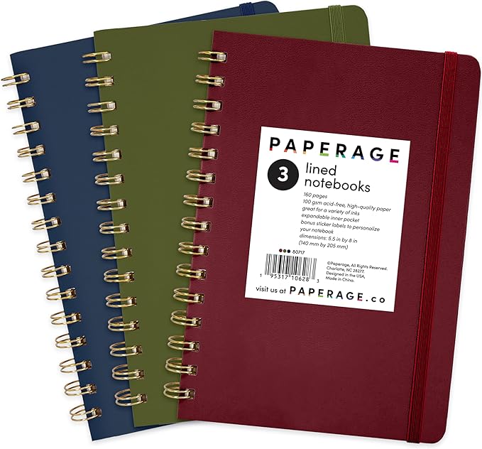 PAPERAGE Lined Spiral Journal Notebook, 3 Pack, 160 Pages, Medium 5.5 inches x by PAPERAGE