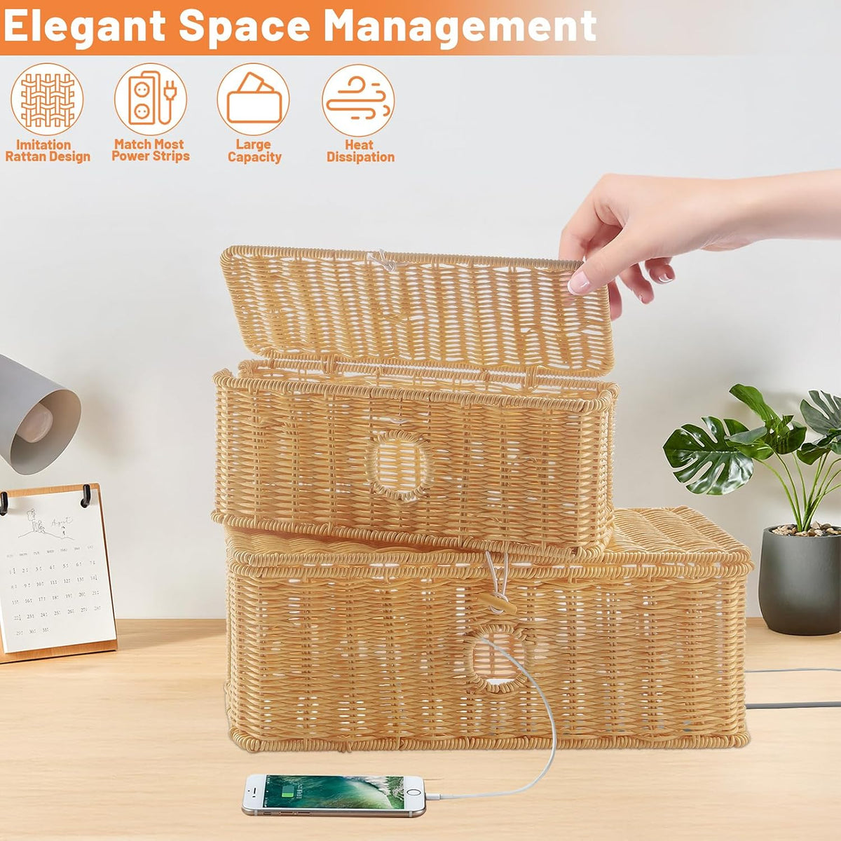 2 Pcs Handmade Cable Management Boxes Rattan Cable Organizer Large & Medi...