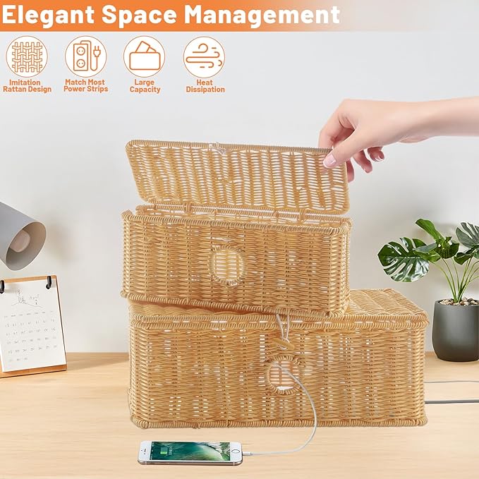 IHKFILAN 2 Pcs Handmade Cable Management Boxes Rattan Cable Organizer Large & - Image 5