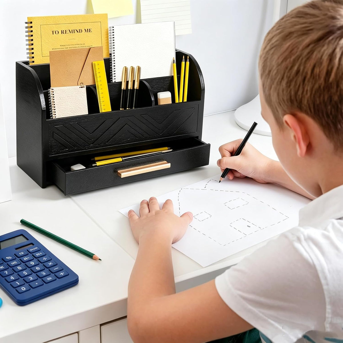 Charmewooden Black Desktop Organizer with Drawer Storage, White Desk Organize...
