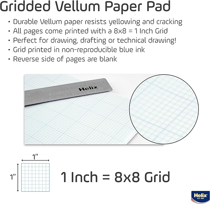 Helix - 100% Rag Vellum Paper Pad - 1 Inch Equals 8x8 Grid - 11 Inch x 17 Inch - Image 2