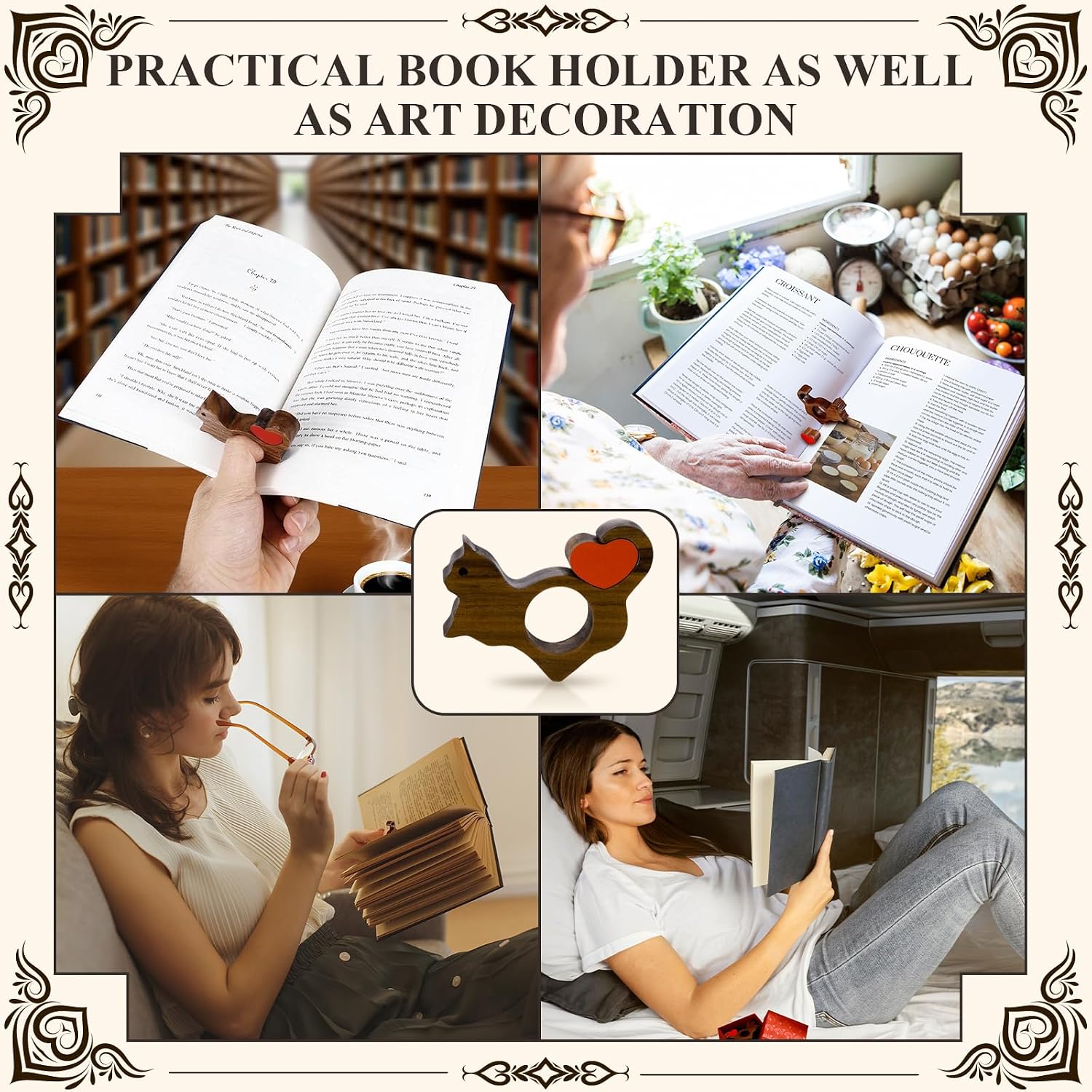 Cat Book Page Holder with Detachable Heart Gifts for Valentine's Day,Walnut Thumb Book Page Holders for Reading,Book Opener Holder Reading Accessories for Book Lovers with Gift Box (Large 0.94")