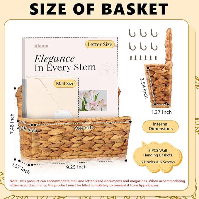 2 Pcs Woven Mail Holder Wall Mount Basket Rattan Wall Letter Holder Wicker - Image 2