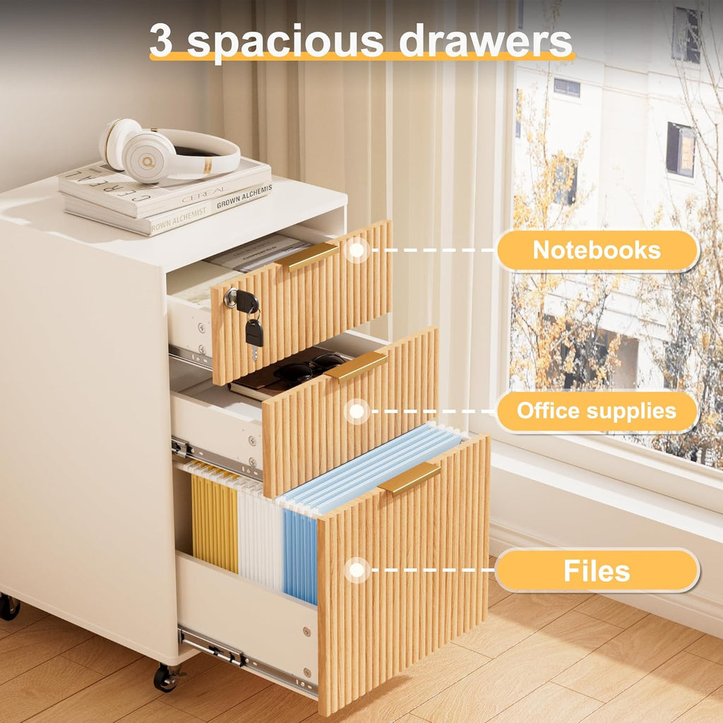 3 drawers fluted mobile file cabinet with lock, side view
