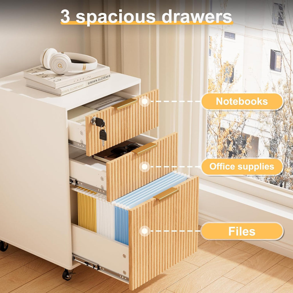3 drawers fluted mobile file cabinet with lock, side view