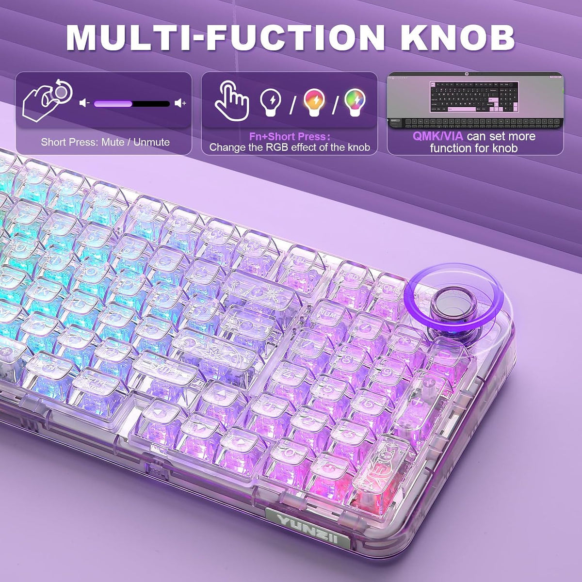 YUNZII X98 Wireless Mechanical Keyboard with Knob (Purple, Crystal Switch)
