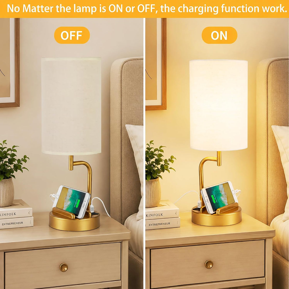 dreamholder touch control usb table lamp with usb, side view