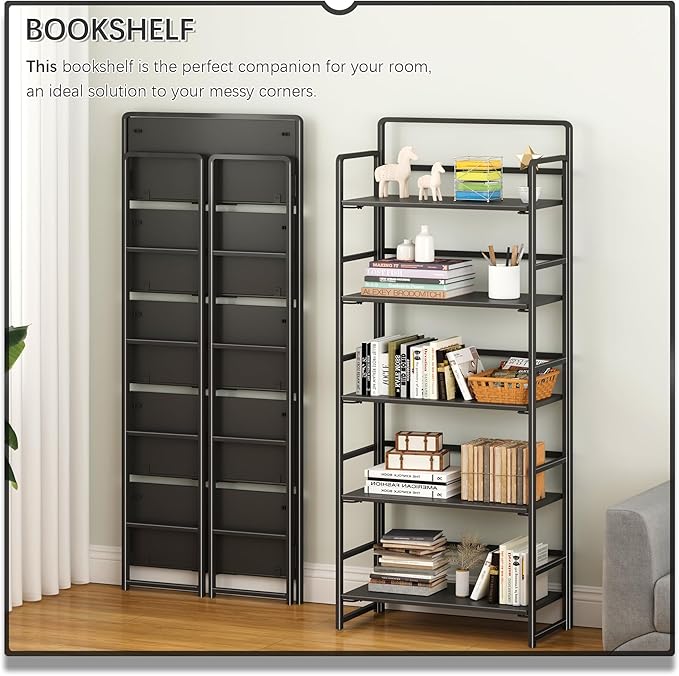 4NM No Assembly 5 Tiers Folding Bookshelf Storage Shelves Vintage Bookcase - Image 3
