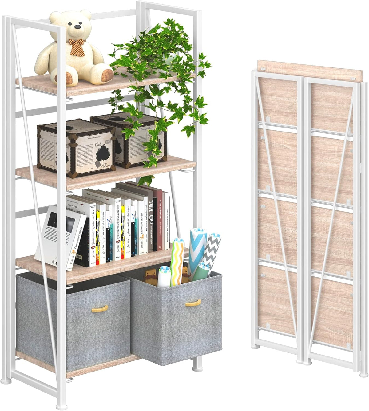 4NM No Assembly Folding Bookshelf Storage Shelves 4 Tiers Vintage Bookcase