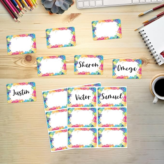 Lucleag 180PCS Watercolor Rainbow Name Tags Stickers, Rainbow Color Name Tag - Image 3