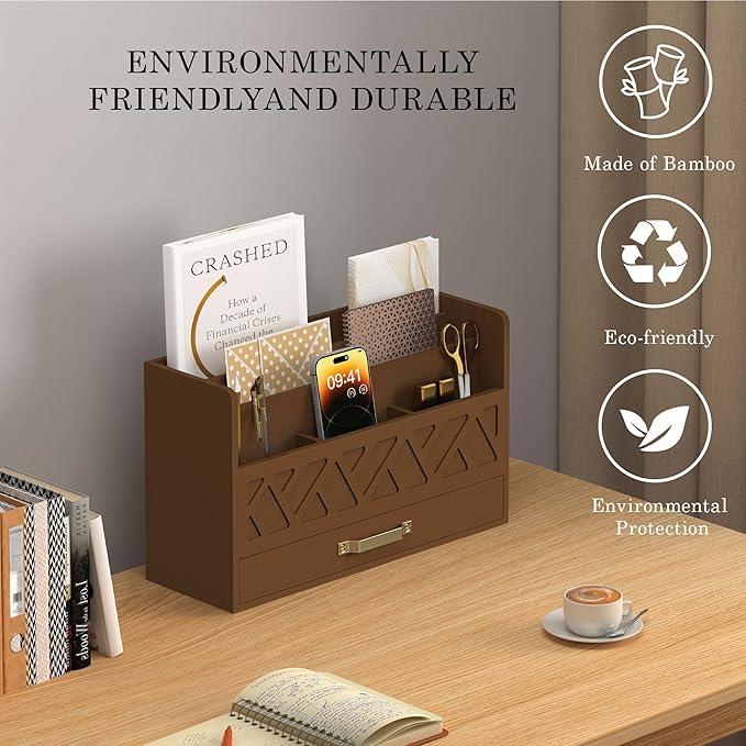 WISUCART Bamboo Mail Organizer Countertop Wood Desk Organizer Drawer Tabletop - Image 4