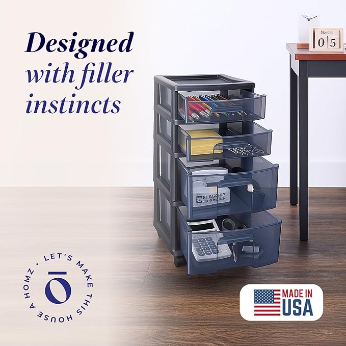 HOMZ Drawer Tower, 4-Tier Clear Plastic Storage Organizer Cart, and Classroom - Image 4