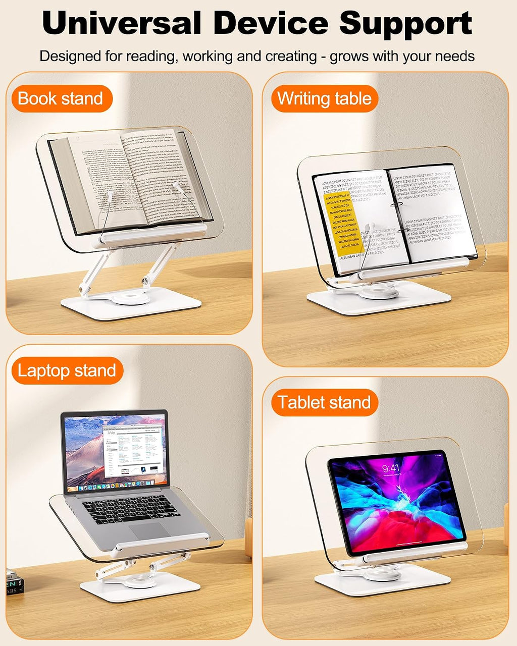 BYMECOST Acrylic Book Stand for Reading, Adjustable Book Holder, White