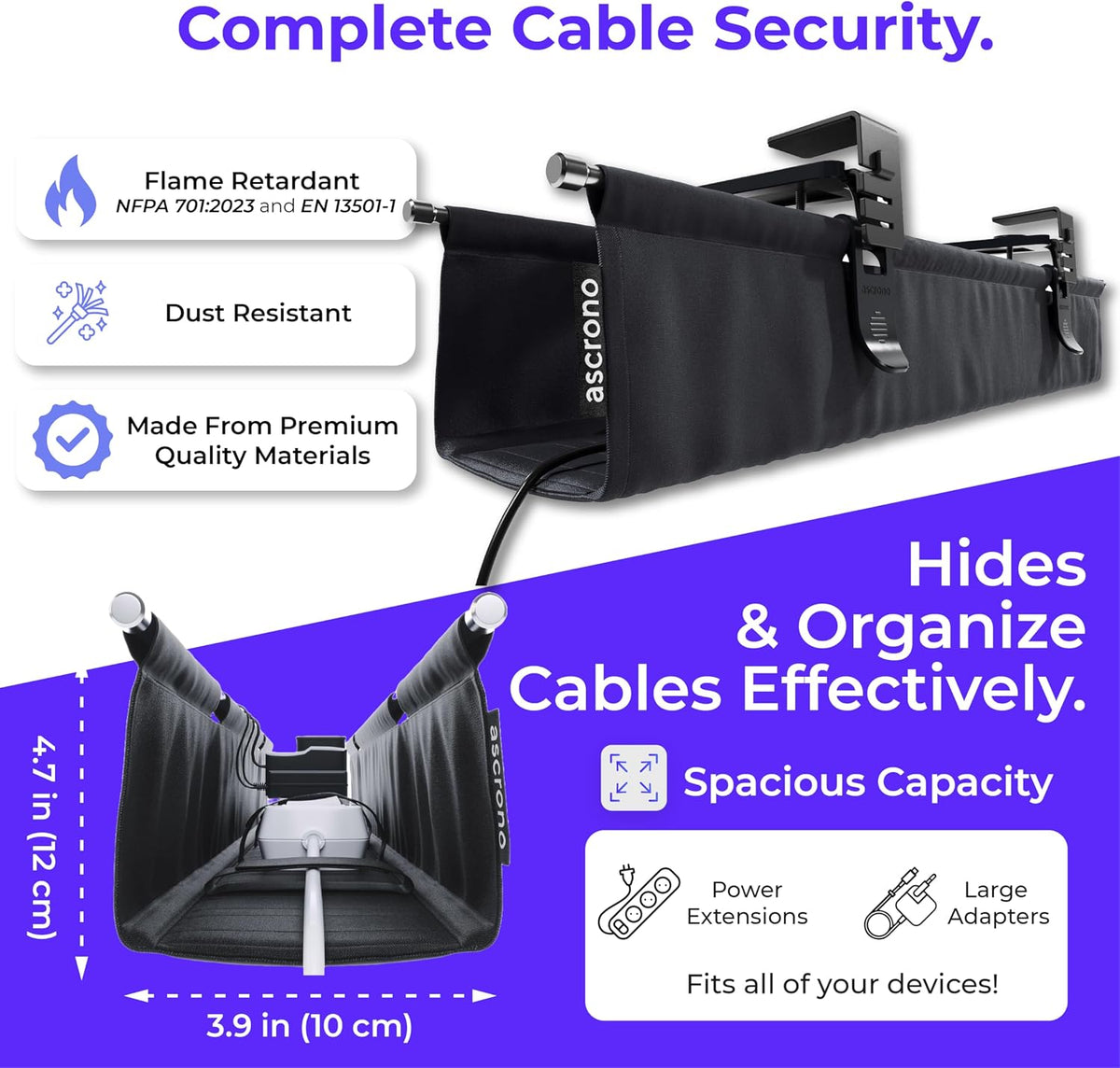Ascrono Original Under Desk Cable Management Tray, Black, 14.1"