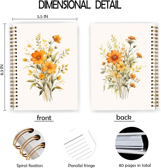 JWVK Rustic Orange Floral Spiral Notebook, Cottagecore Wild Flower Botanical - Image 2