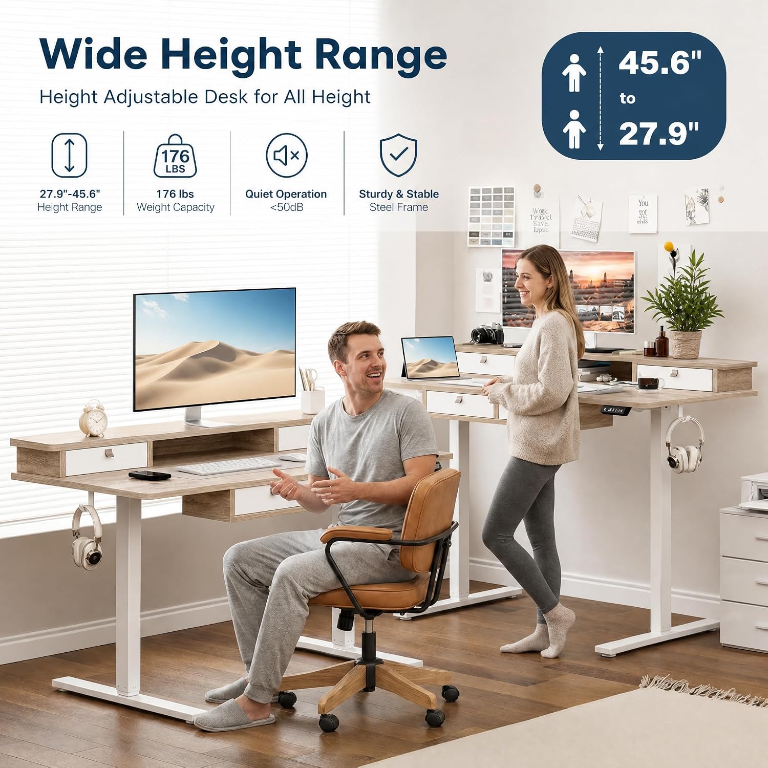 Grandder Electric Standing Desk with Four Drawers, Sit to Stand Up Height Adjustable Desk with Storage Shelf for Home Office, 47 * 28 Inch, Study, Ergonomic Adjustable Computer Desk, Maple