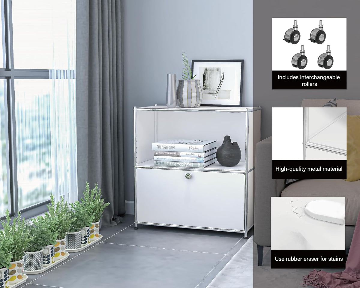 32.5-Inch Flip-Top Storage Cabinet with Detachable Wheels, Metal Side Table a...