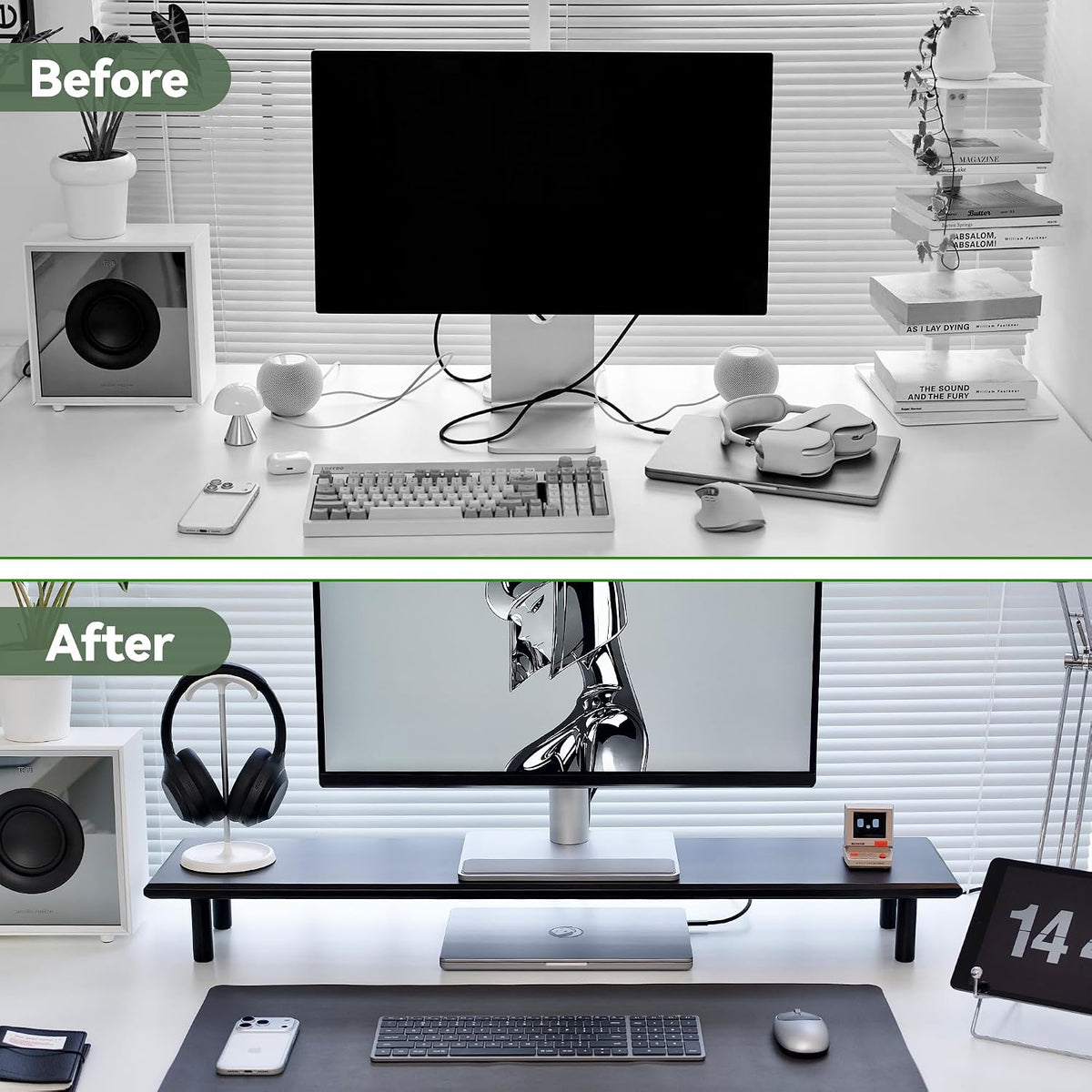 Bamboo Dual Monitor Stand Riser, Black Desk Shelf with Storage