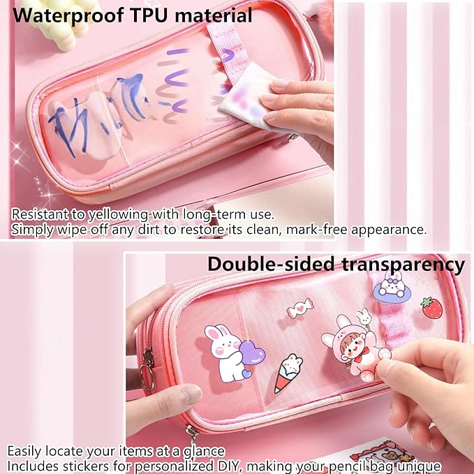 UINSUE Cute Pen case Adorable Bunny Transparent 3-Layer Large Capacity Pencil - Image 3