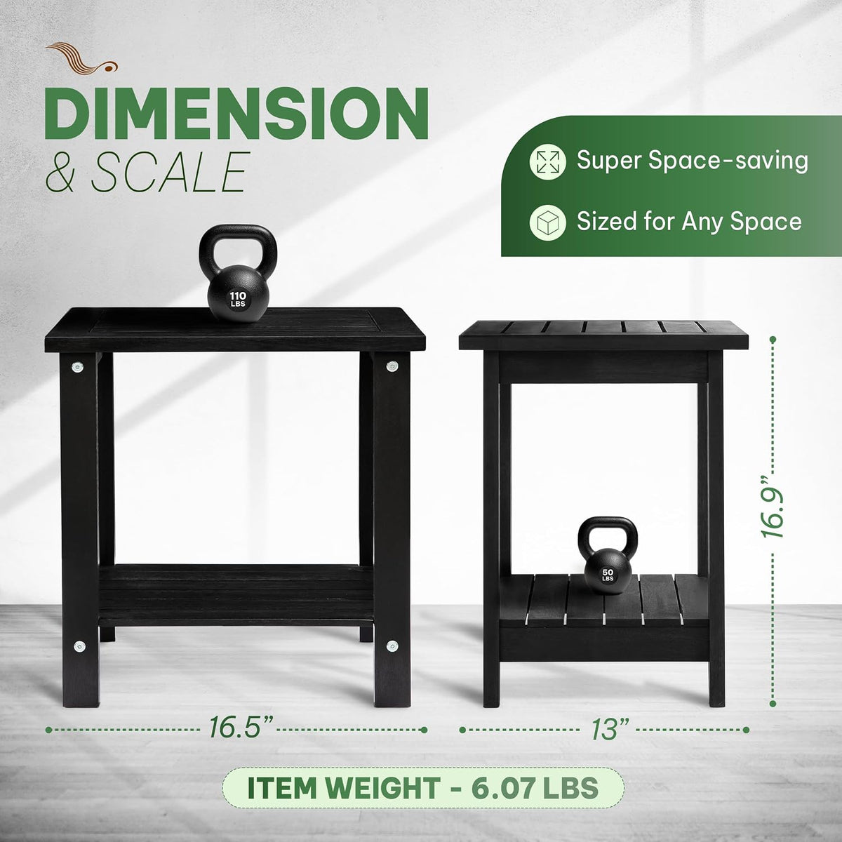 Acacia Wood Adirondack Side Table, 2-Tier Outdoor End Table - Black