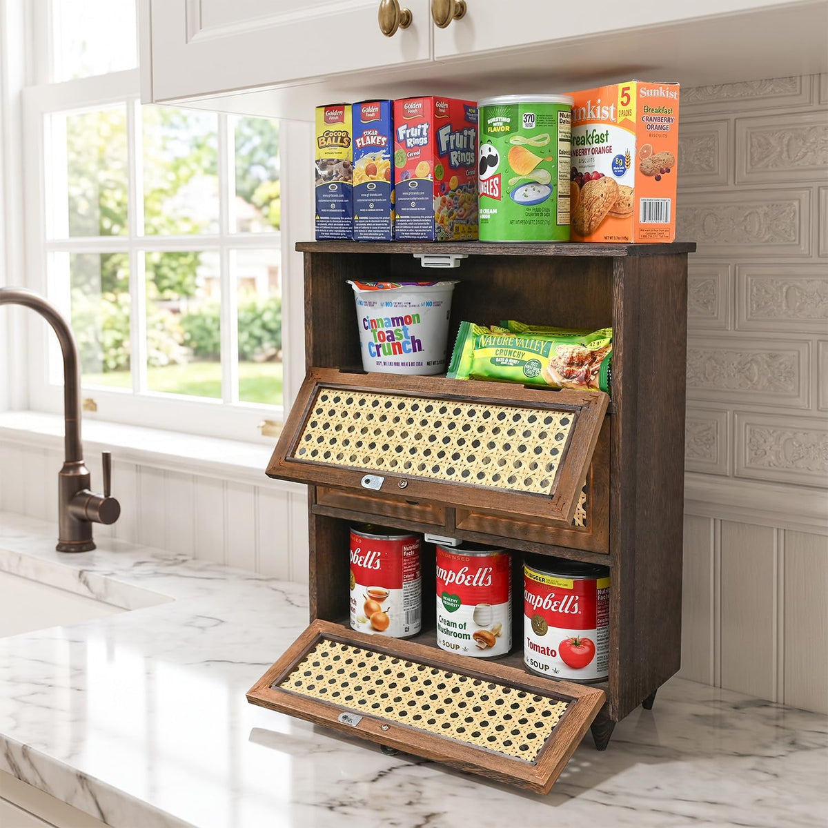 Ikee Design Small Rattan Countertop Storage Cabinet with Doors with Shelves